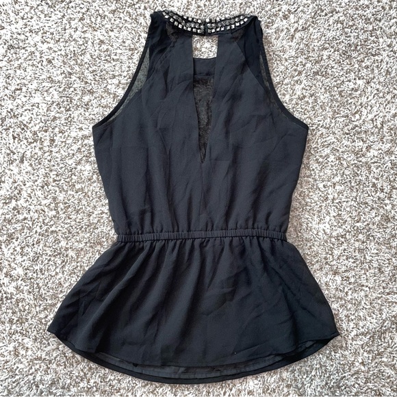 2B BEBE BLACK STUDDED Peplum See Through Top Size Medium - Picture 5 of 7